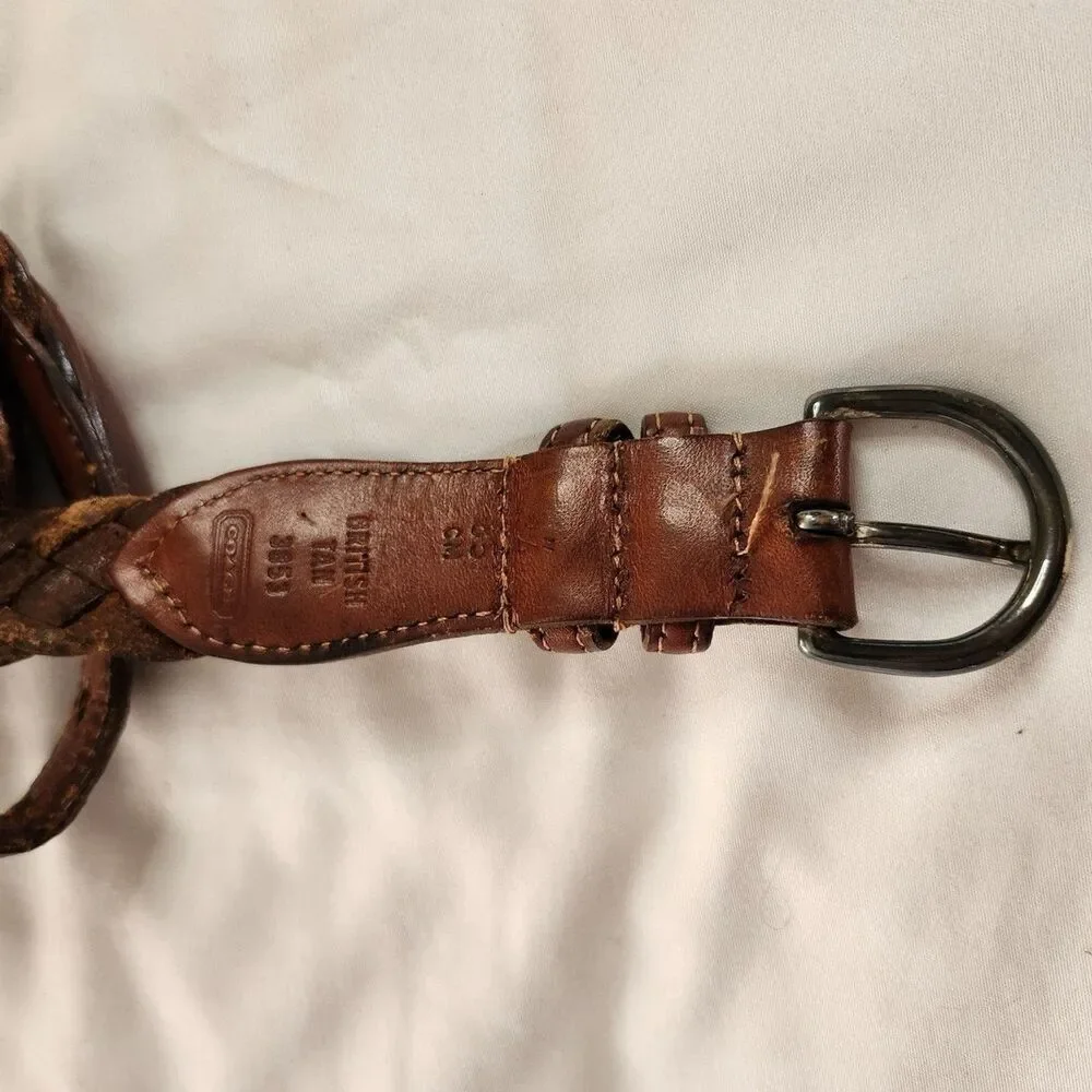 Vintage Coach Belt 36 British Tan Silver Woven Braided Leather Boho Western Slim